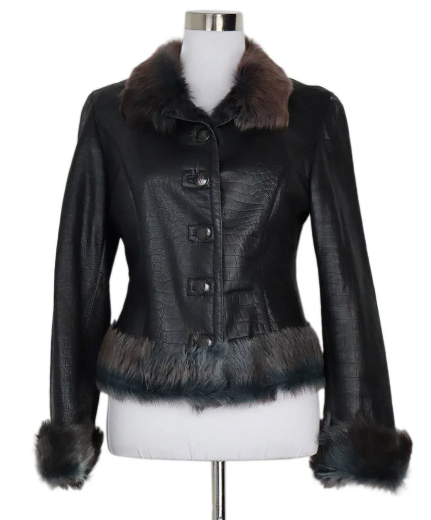 Ferragamo Black Pressed Leather Jacket w/ Fox Fur Trim sz 4 - Michael's Consignment NYC