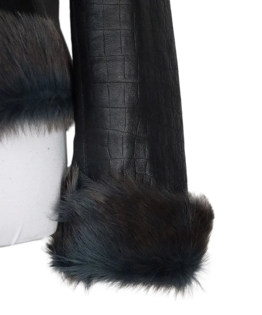 Ferragamo Black Pressed Leather Jacket w/ Fox Fur Trim sz 4 - Michael's Consignment NYC