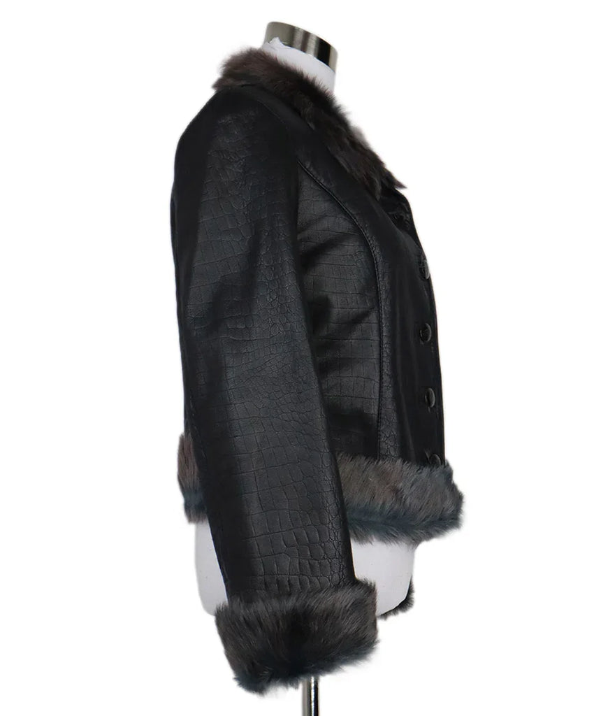 Ferragamo Black Pressed Leather Jacket w/ Fox Fur Trim sz 4 - Michael's Consignment NYC