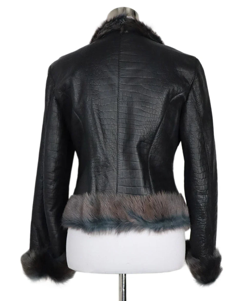 Ferragamo Black Pressed Leather Jacket w/ Fox Fur Trim sz 4 - Michael's Consignment NYC