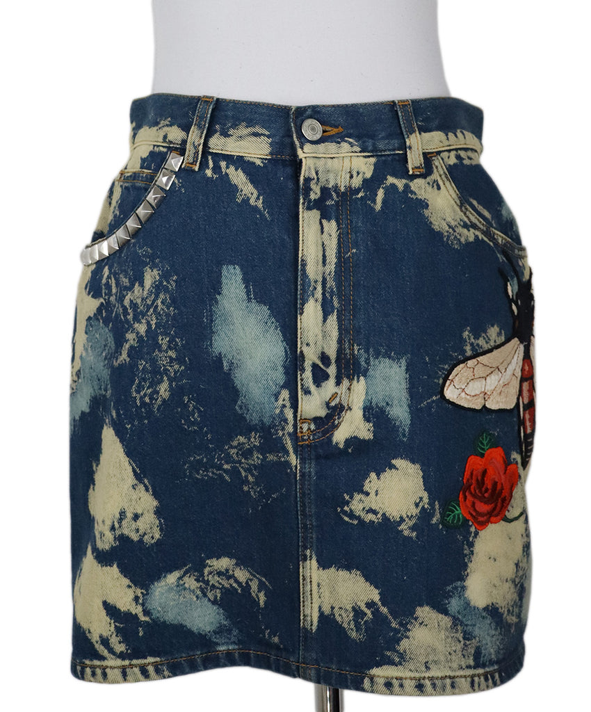Gucci Acid Wash Bee Embroidered Denim Skirt 