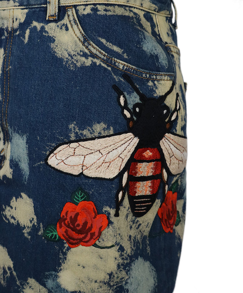 Gucci Acid Wash Bee Embroidered Denim Skirt 5