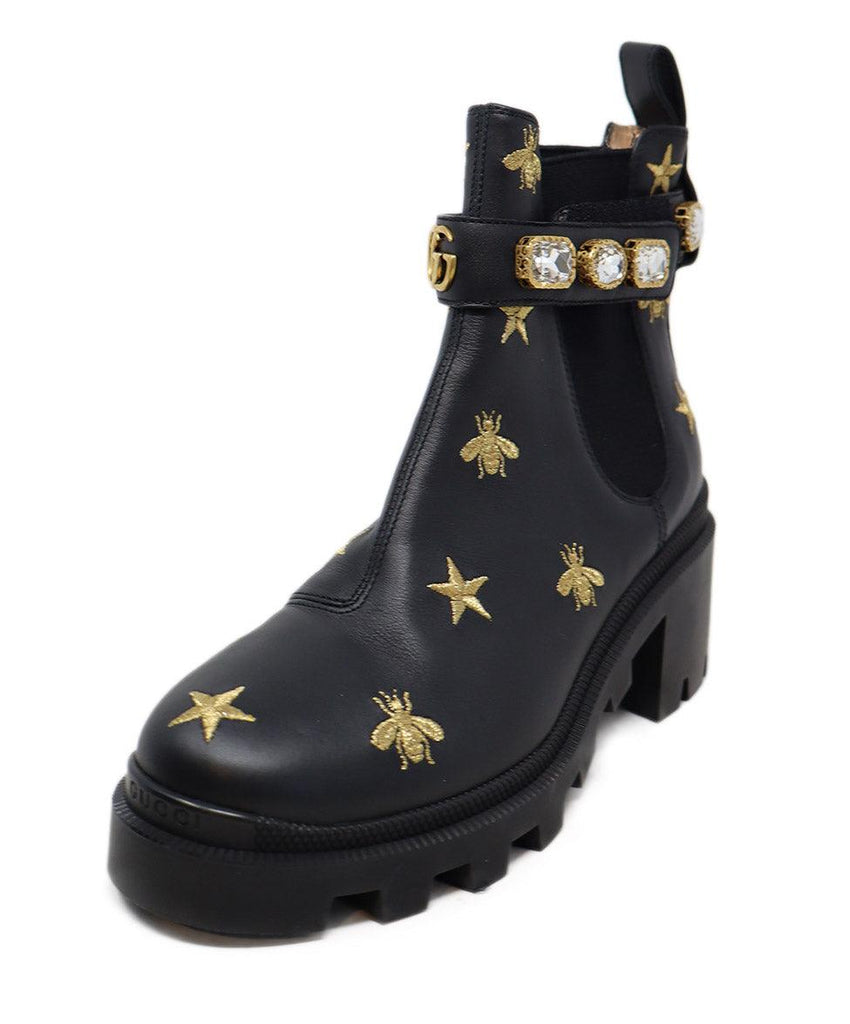 Gucci Black Leather Gold Embroidery Rhinestones Booties 