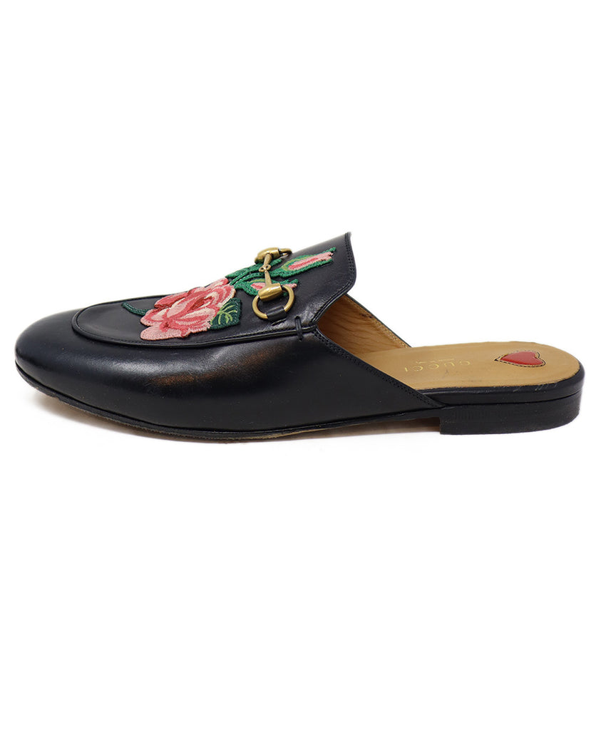 Gucci Black Leather Floral Embroidered Mules 1