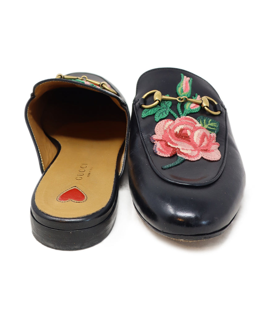 Gucci Black Leather Floral Embroidered Mules 2