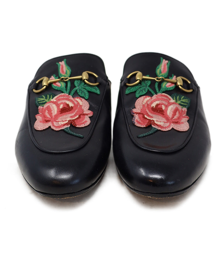 Gucci Black Leather Floral Embroidered Mules 3