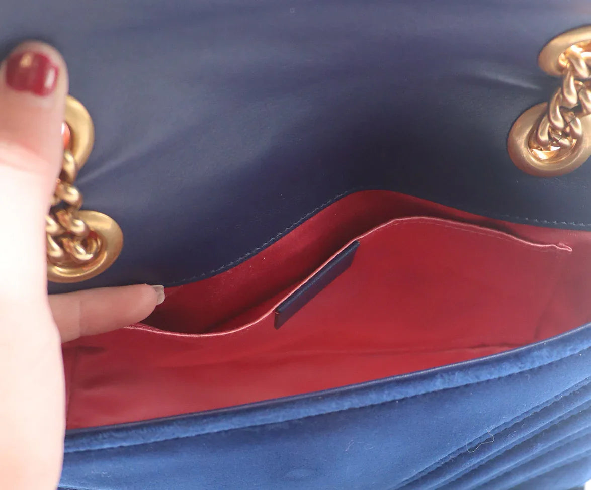 Gucci Blue Velvet GG Marmont Flap Handbag l Michael's Luxury Consignment Michael's Consignment NYC Gucci Blue Velvet GG Marmont Flap Handbag l Michael's Luxury Consignment Michael's Consignment NYC