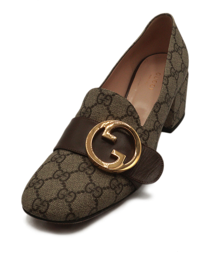 Gucci Neutral Taupe Brown Monogram With Gold Buckle Heels 