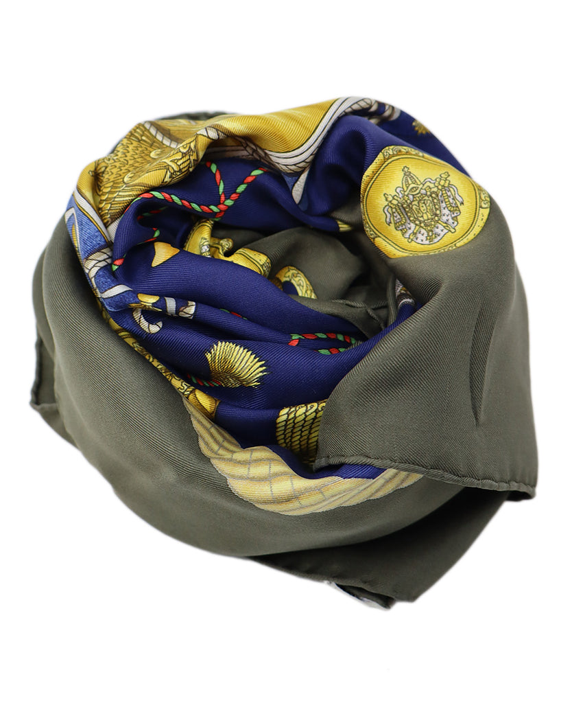 Hermes Les Tambours Green Navy Print Scarf 1
