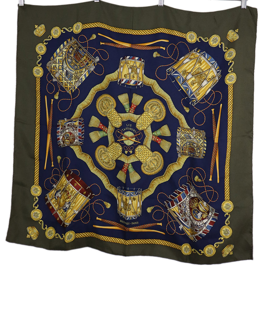 Hermes Les Tambours Green Navy Print Scarf 