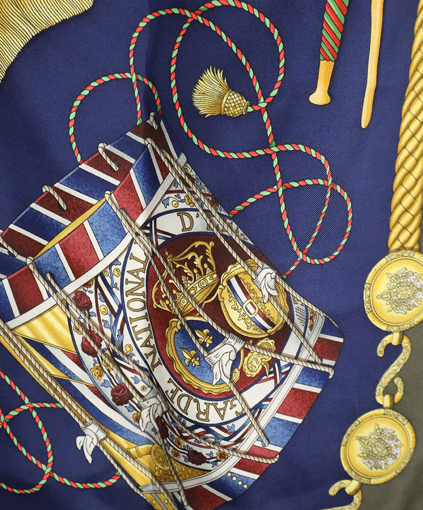 Hermes Les Tambours Green Navy Print Scarf 3