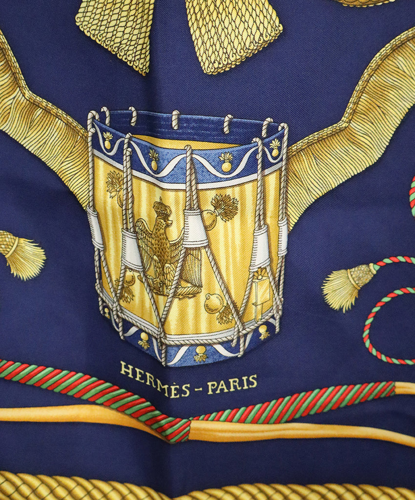 Hermes Les Tambours Green Navy Print Scarf 4