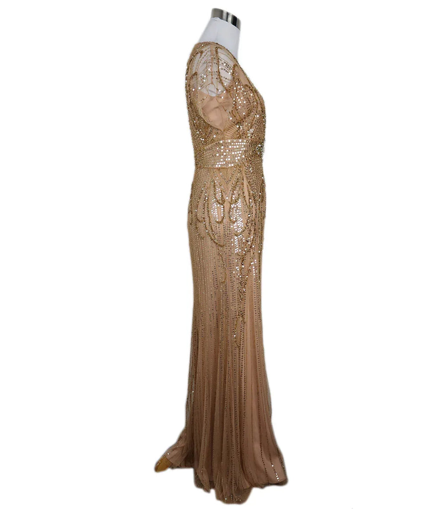 Jenny Packham Nude & Gold Sequin Beaded Gown sz 4 - Michael's Consignment NYC