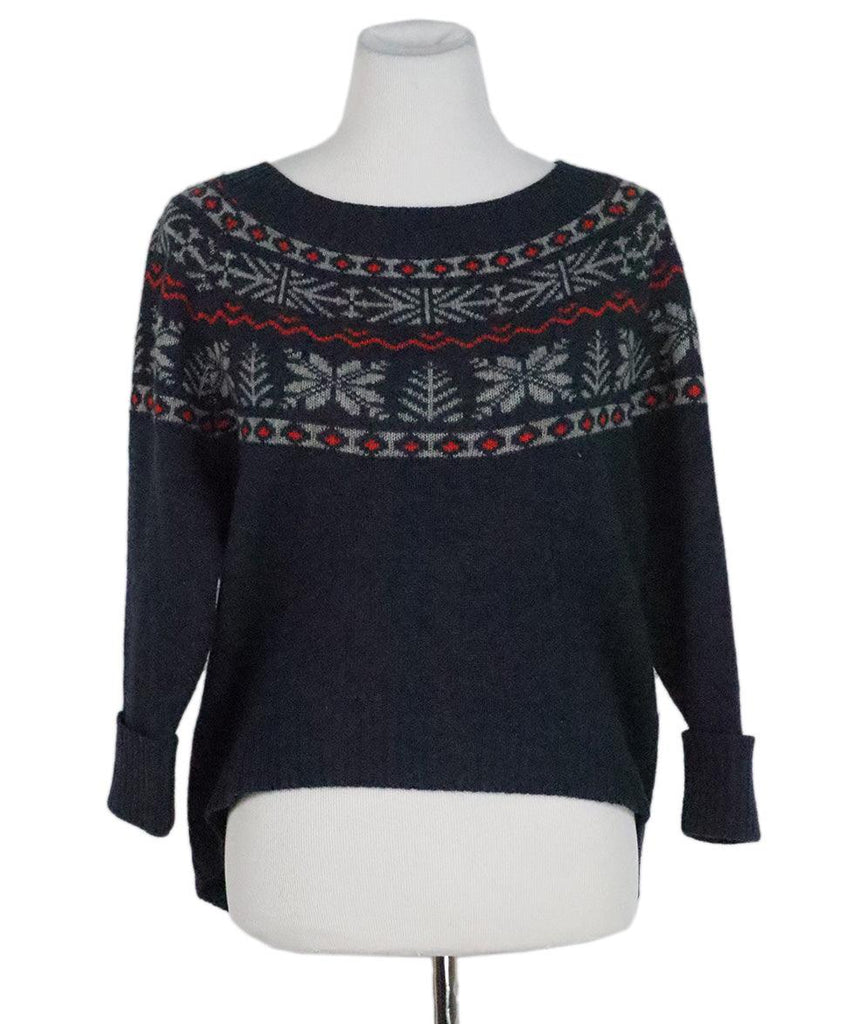 Joie Navy & Red Print Wool Sweater 