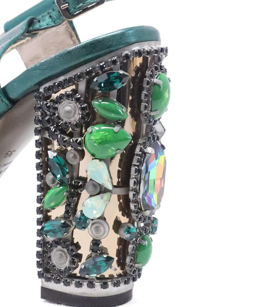 Lanvin Green Metallic Leather Sandals w/ Jewel Heel sz 9 - Michael's Consignment NYC