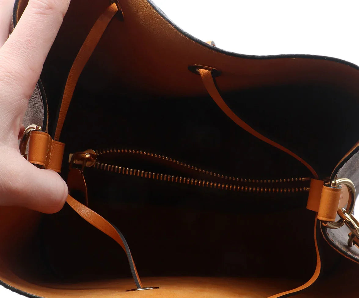 Louis Vuitton Leather Brown Tan & Monogram Drawstring Handbag l Louis Vuitton Leather Brown Tan & Monogram Drawstring Handbag l