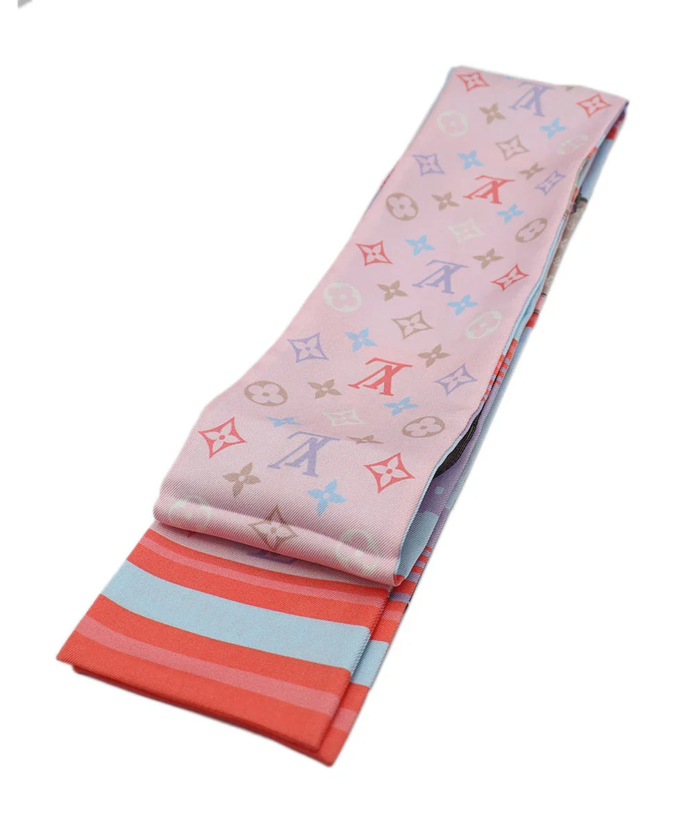Louis Vuitton Women\'s Pink & Blue Silk Twilly Scarf New Unisex Louis Vuitton Pink Monogram Pattern Logo Blue  main image 2