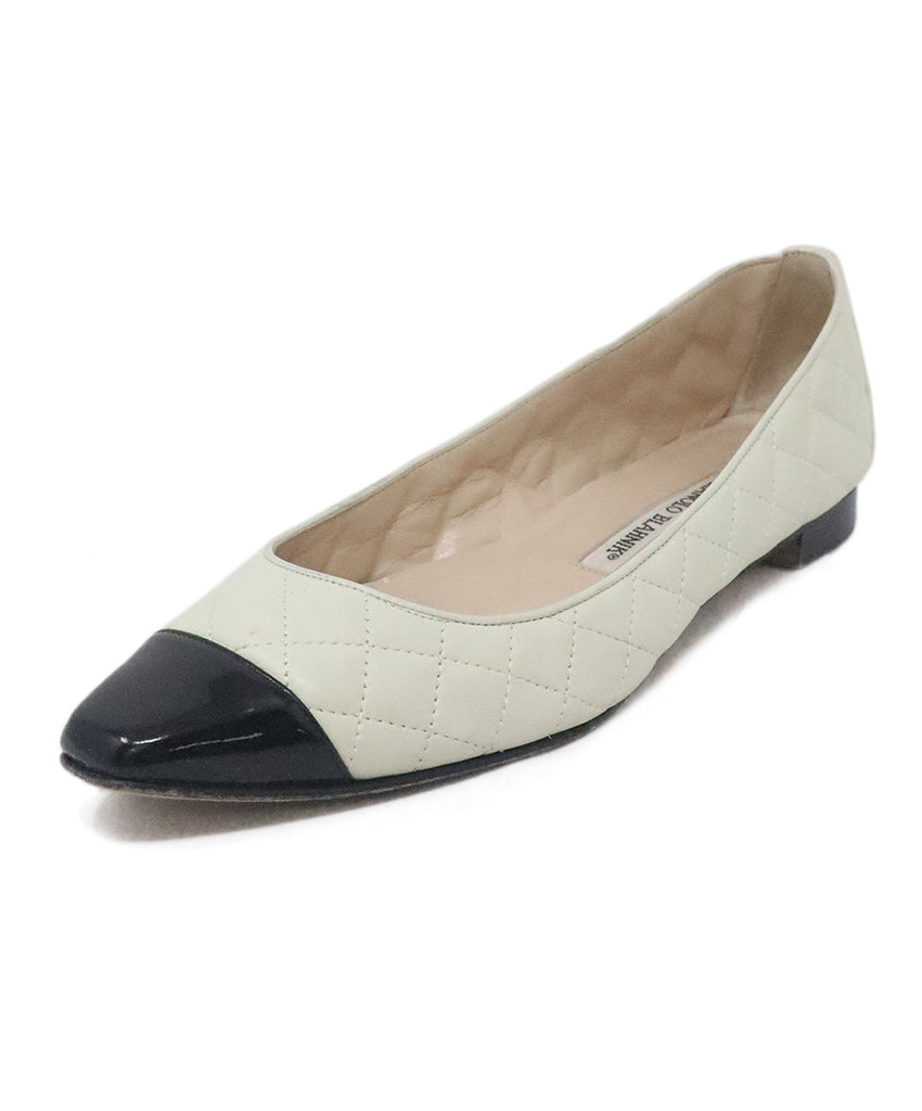Manolo Blahnik Ivory & Black Quilted Leather Flats 
