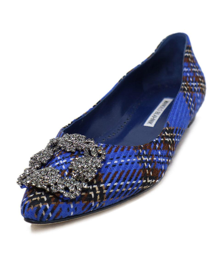 Manolo Blahnik Blue & Brown Plaid Rhinestone Flats 
