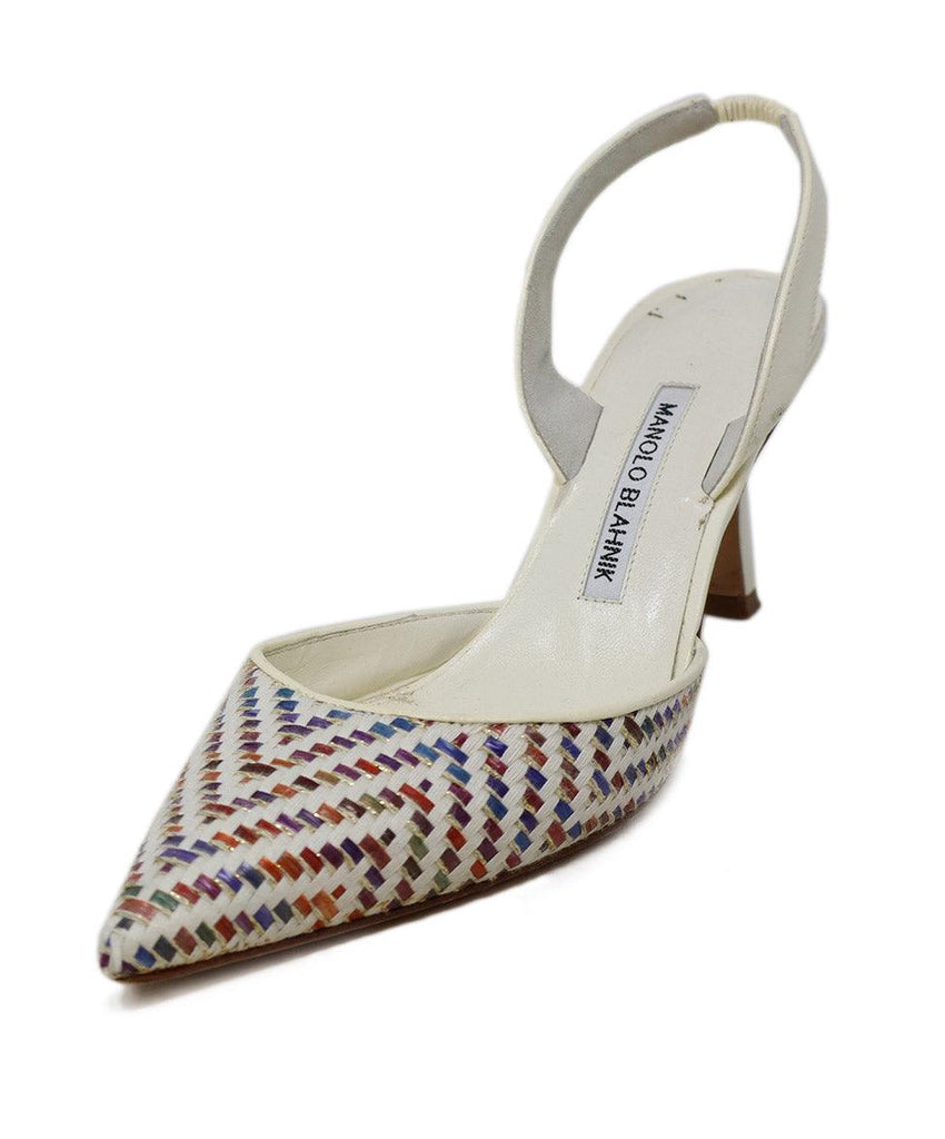 Manolo Blahnik White & Multicolor Woven Slingbacks 