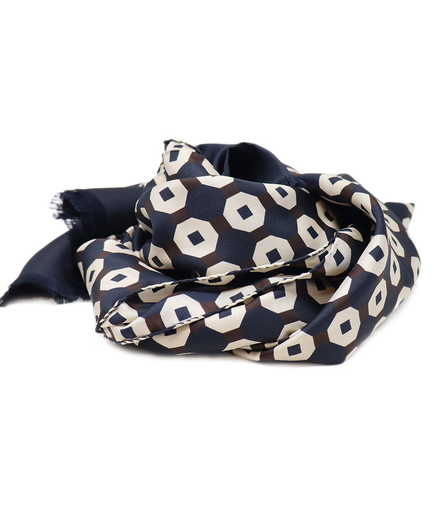 Max Mara Navy Brown & White Print Silk Scarf 
