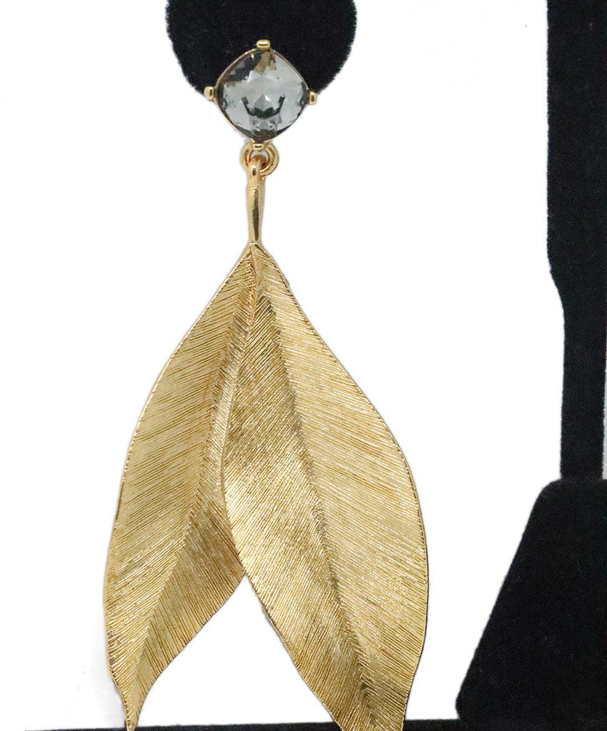 Oscar De La Renta Gold & Rhinestone Leaf Earrings 3
