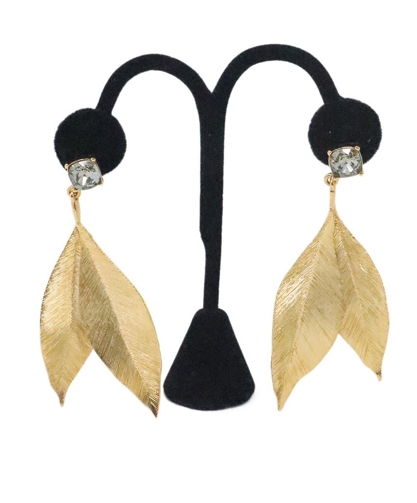 Oscar De La Renta Gold & Rhinestone Leaf Earrings 