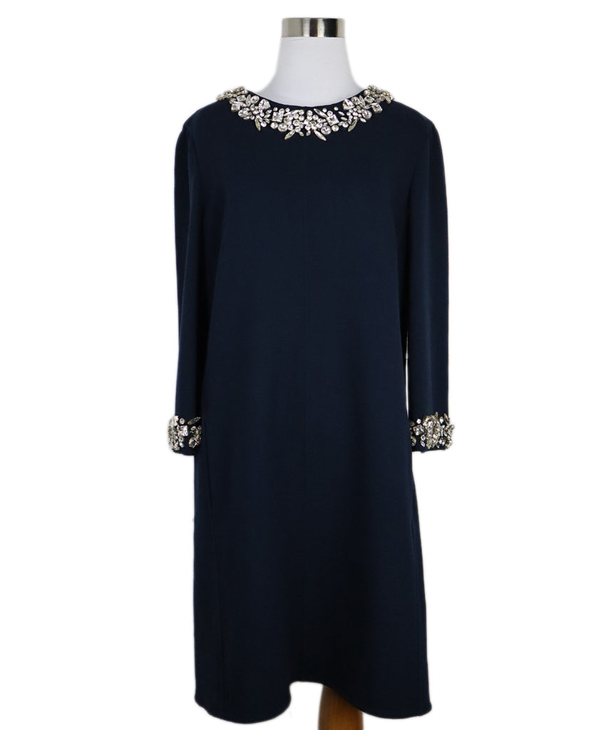 Oscar de la Renta Navy Wool Rhinestone Dress 