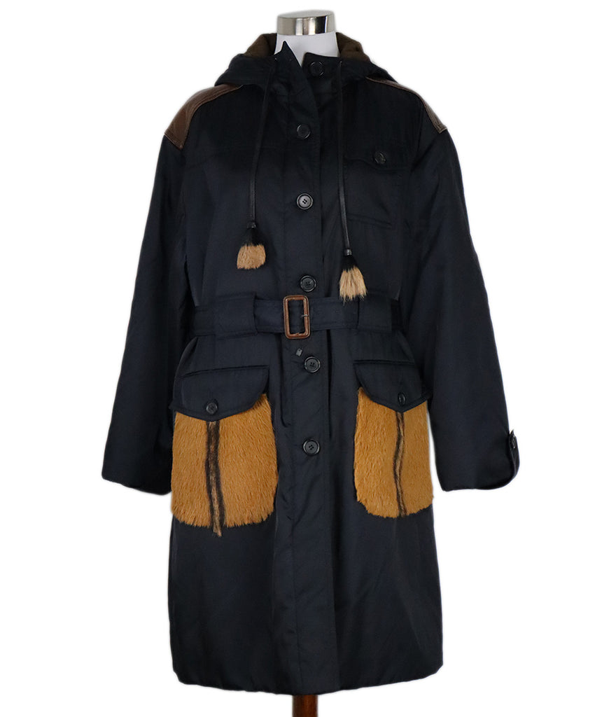 Prada Black Nylon & Brown Fur Trim Coat 