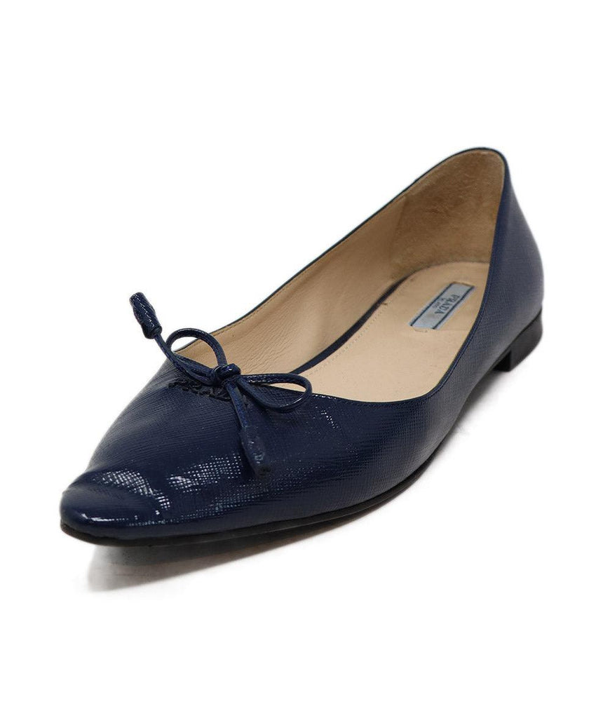 Prada Blue Patent Leather Bow Trim Flats 