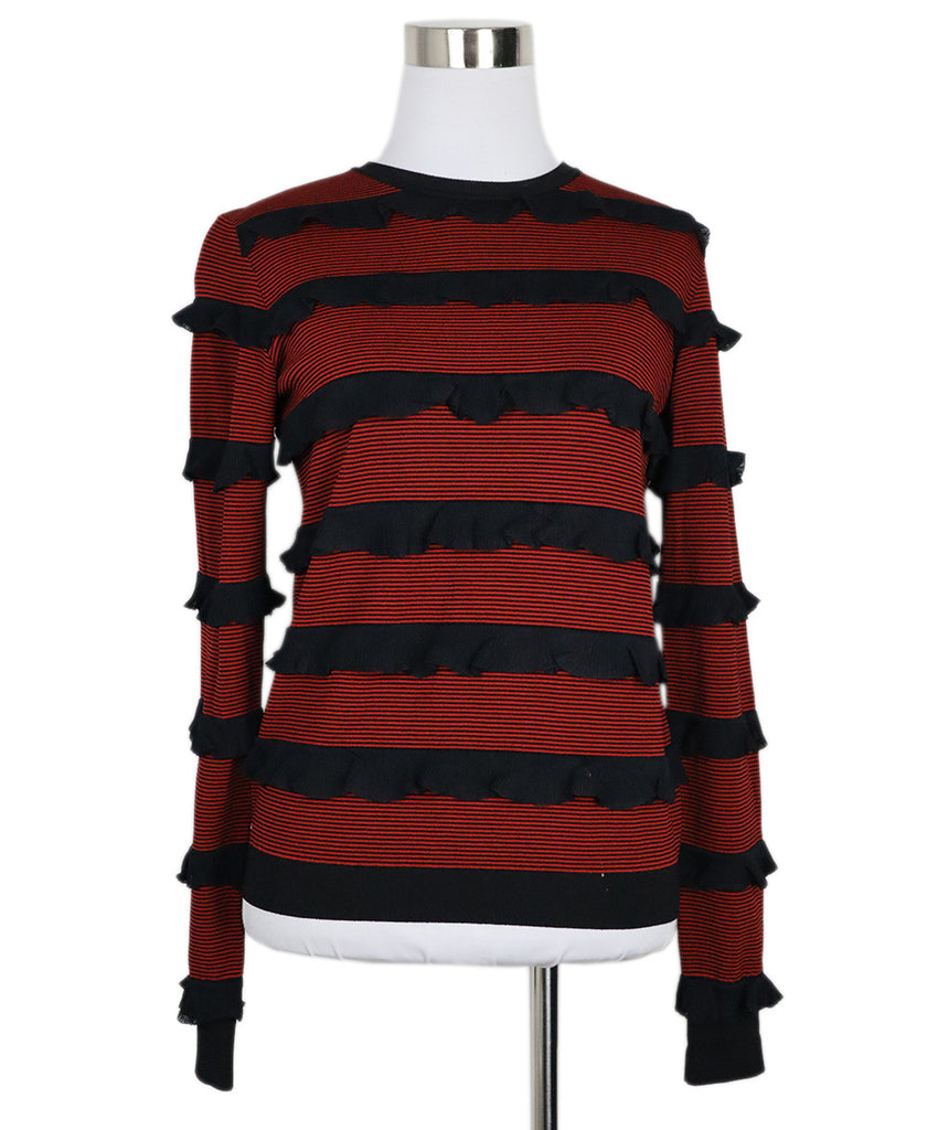 Red Valentino Red & Black Striped Ruffle Sweater 