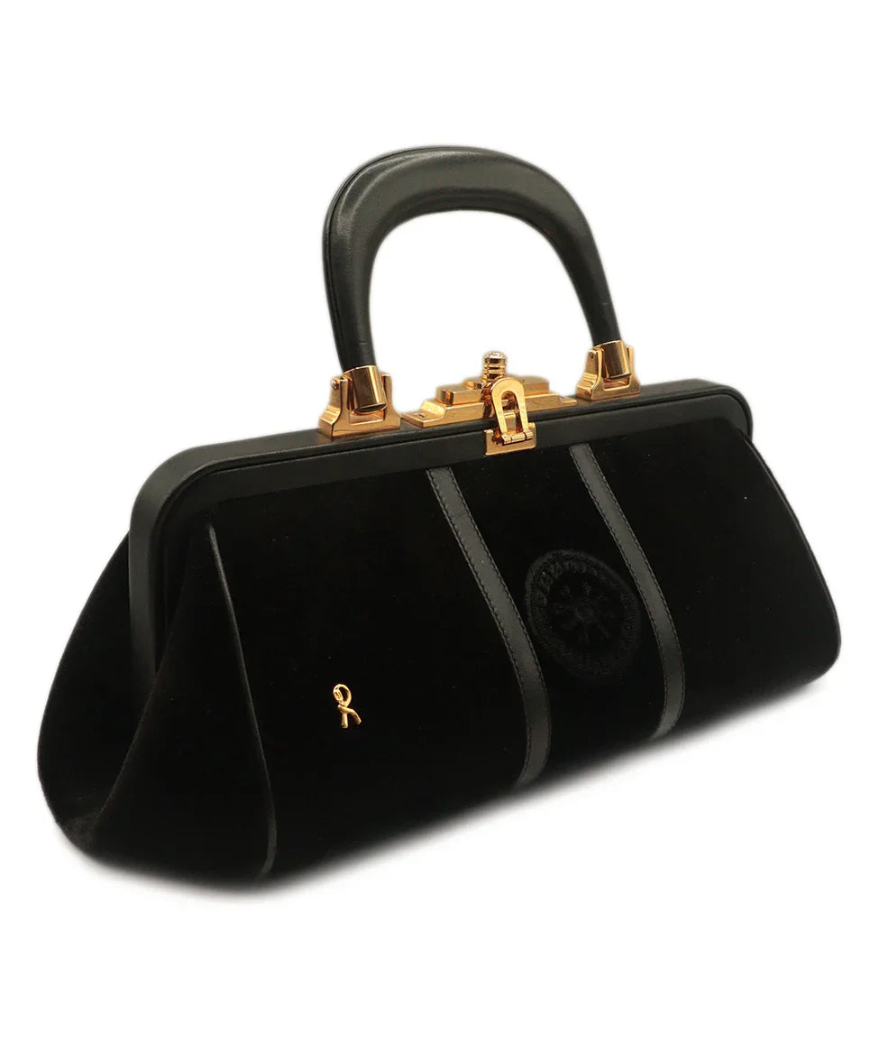 Roberta Di Camerino Vintage Black Velvet & Leather Handbag l
