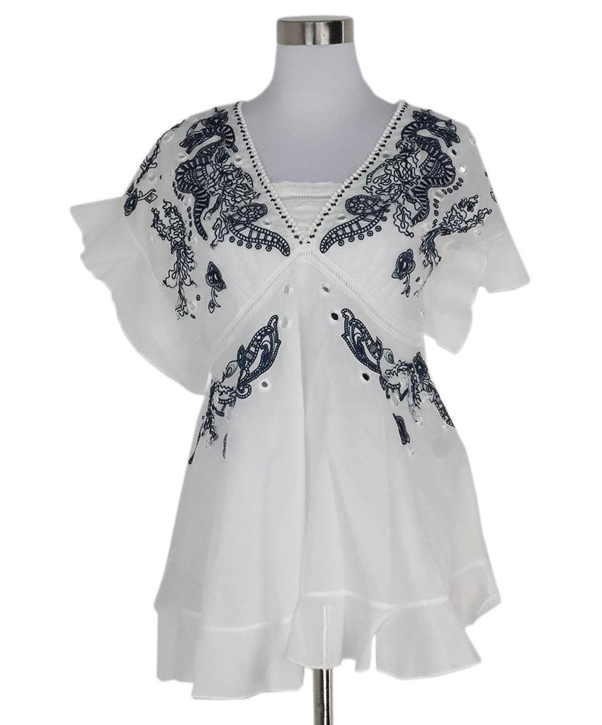 Roberto Cavalli White & Navy Embroidered Blouse sz 8 - Michael's Consignment NYC