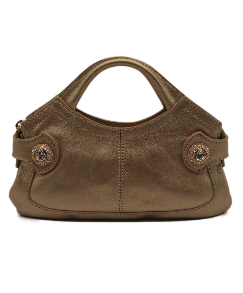 Tod's Metallic Gold Leather With Rhinestone Trim Handbag 