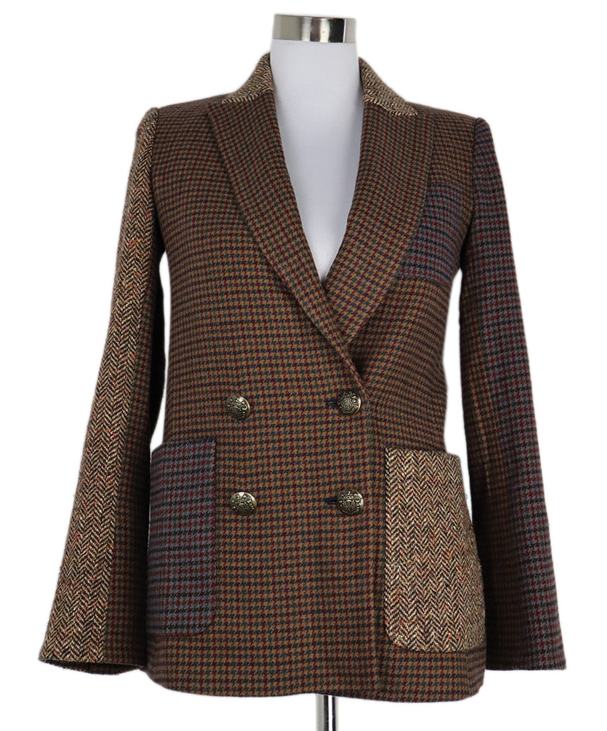 Veronica Beard Brown Burgundy & Green Houndstooth Blazer 