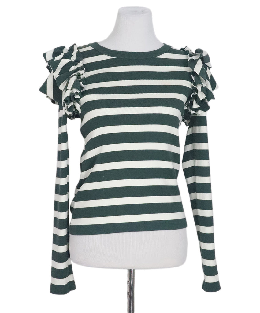 Veronica Beard Green & White Striped Ruffle Top 