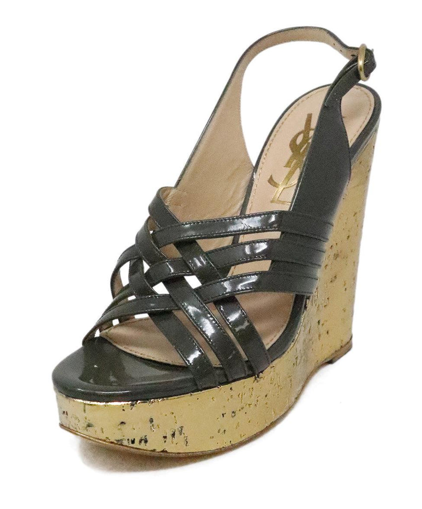 YSL Grey Patent Leather & Gold Cork Wedges 