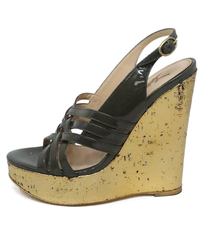 YSL Grey Patent Leather & Gold Cork Wedges sz 7 - Michael's Consignment NYC