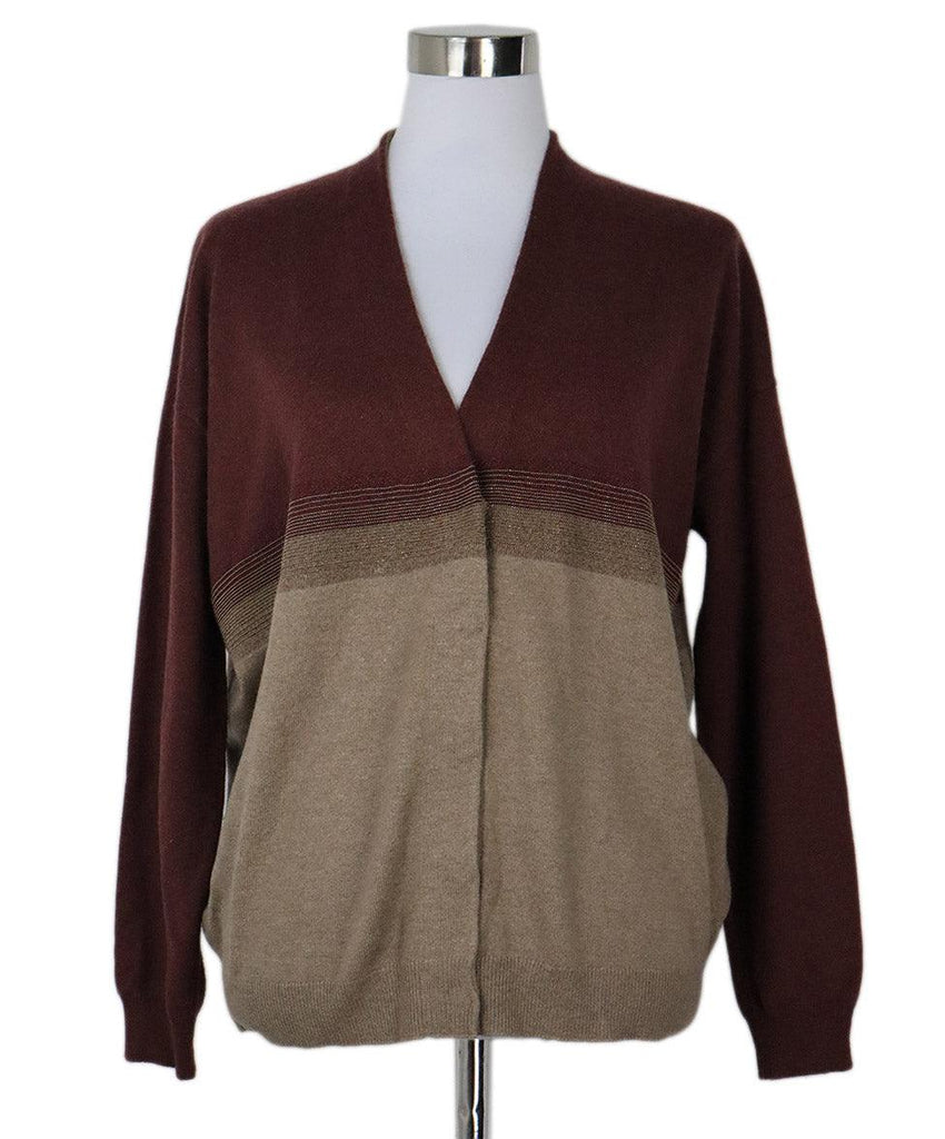 Brunello Cucinelli Burgundy & Beige Beaded Cashmere Cardigan sz 6 - Michael's Consignment NYC