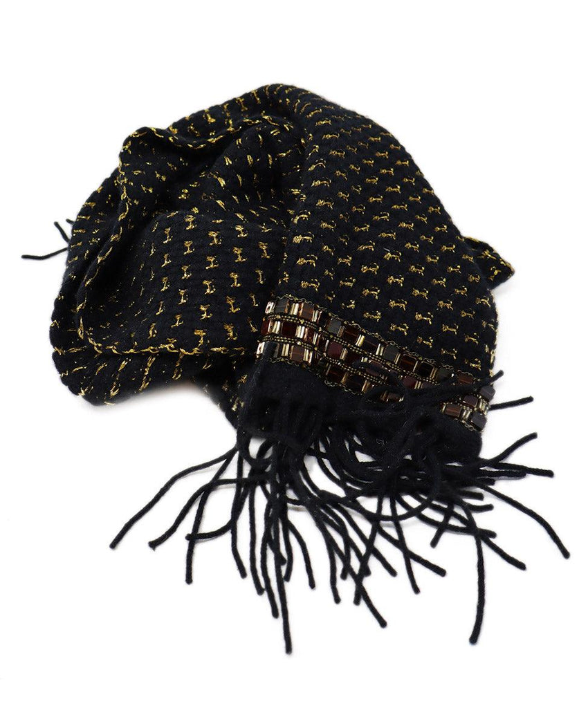 Chanel Black & Gold Cashmere Beaded Scarf - Michael's Consignment NYC