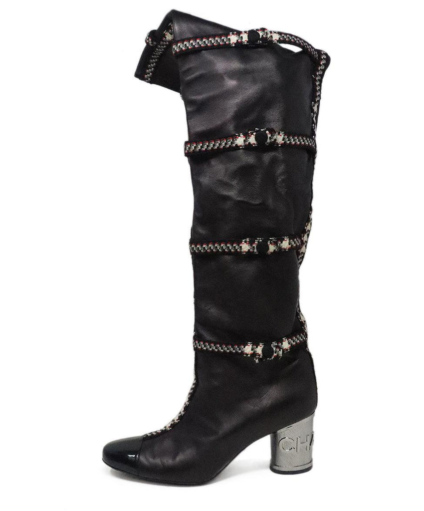 Chanel Black Leather Boots w/ Red & White Tweed Trim sz 9 - Michael's Consignment NYC