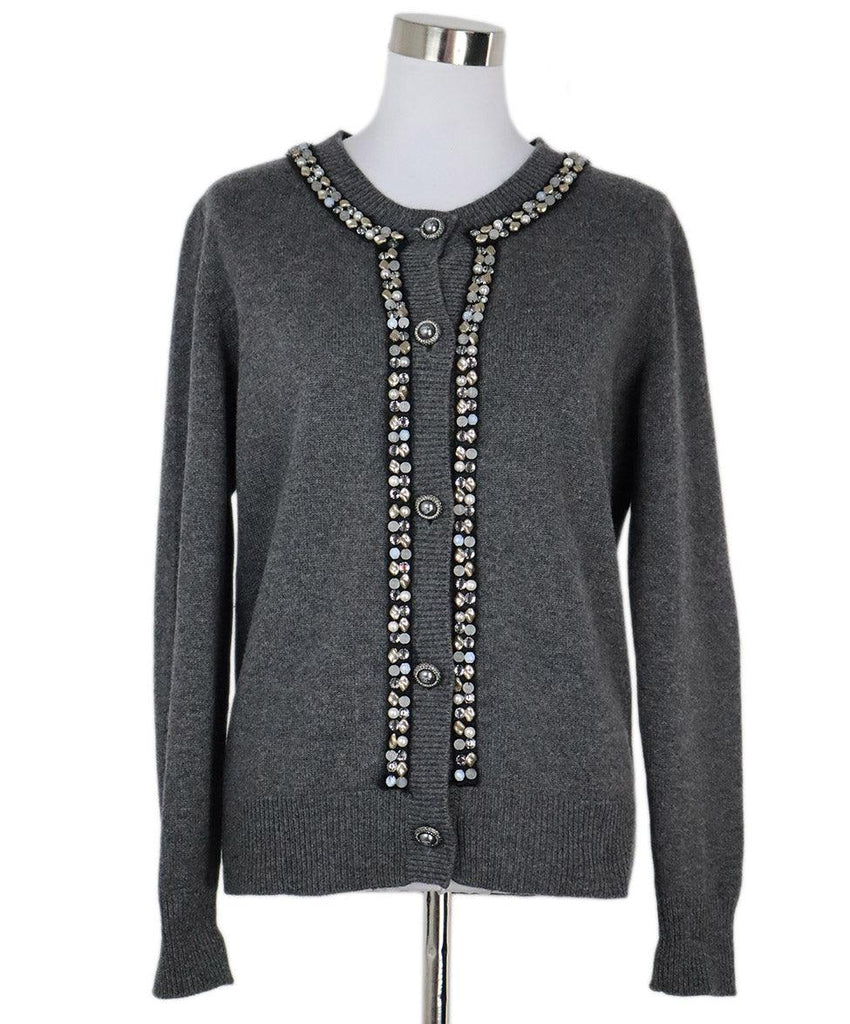 Chanel Grey Cashmere Cardigan w/ Stone Trim sz 14 - Michael's Consignment NYC