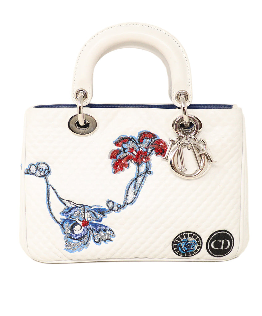 Christian Dior White Leather Blue Red Embroidery Satchel 