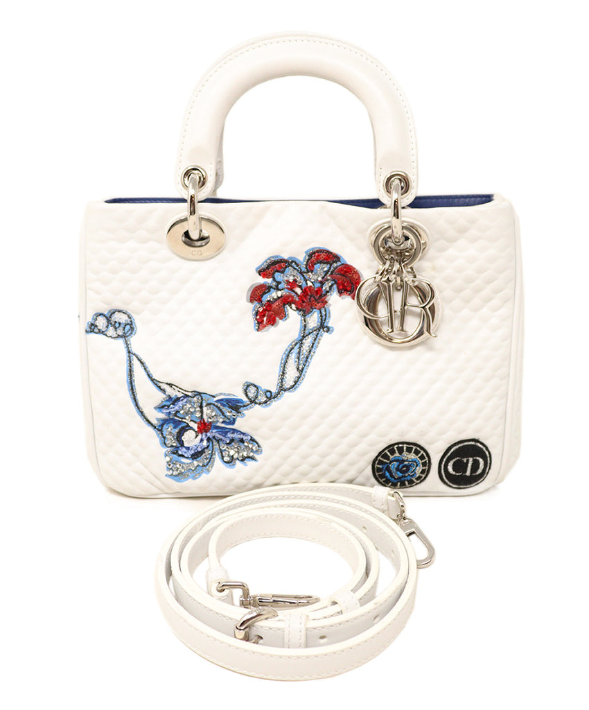 Christian Dior White Leather Blue Red Embroidery Satchel 5
