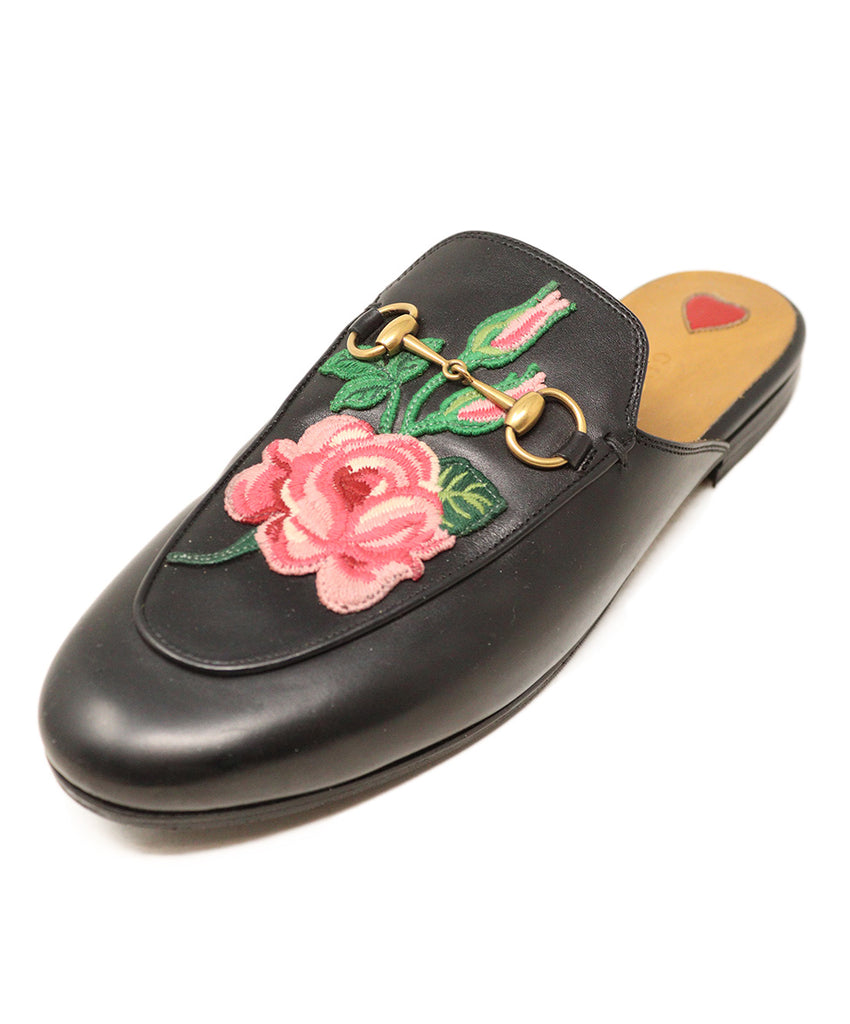 Gucci Black Leather Pink Floral Embroidery Slides 