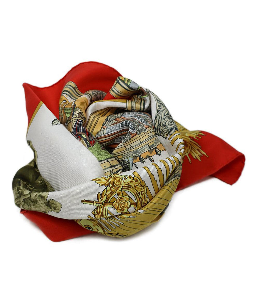 Hermes Red Gold & White Print Silk Scarf - Michael's Consignment NYC