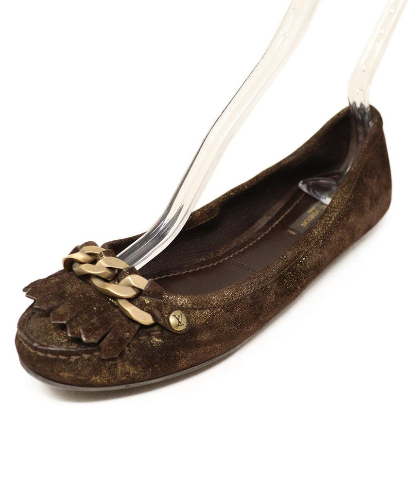 Louis Vuitton Brown Suede Flats w/ Gold Chain sz 37.5 - Michael's Consignment NYC