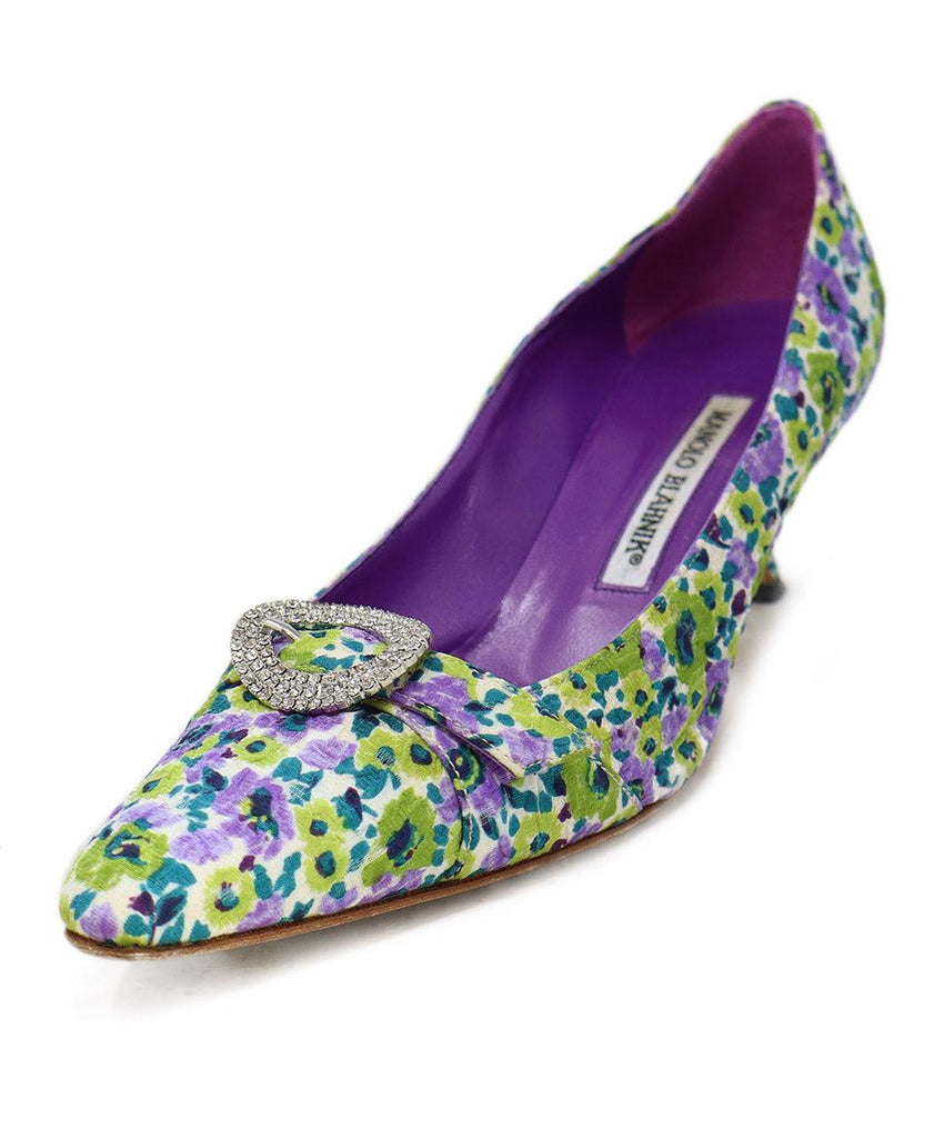 Manolo Blahnik Purple & Green Floral Print Heels sz 7.5 - Michael's Consignment NYC