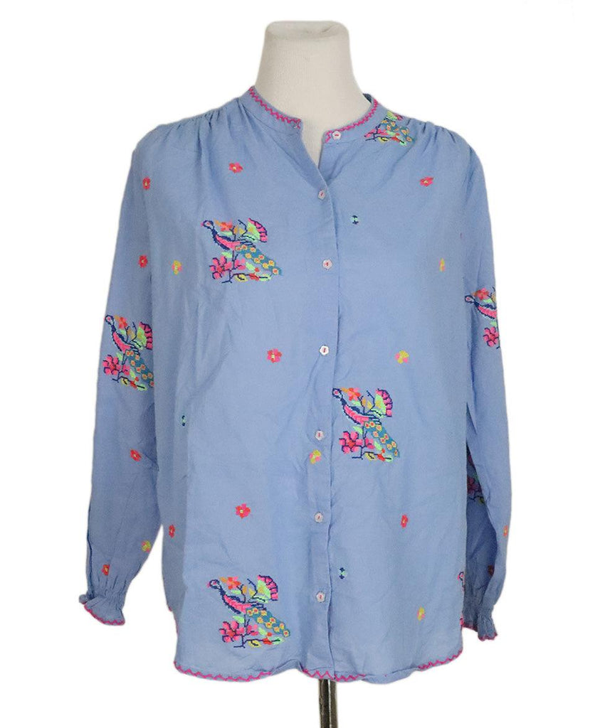 Multicolor Embroidered Blue Cotton Blouse sz 2 - Michael's Consignment NYC