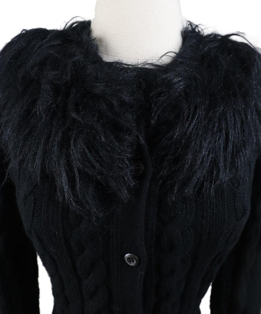 Prada Black Wool Cable Knit Fur Trim Cardigan Sz 2 - Michael's Consignment NYC